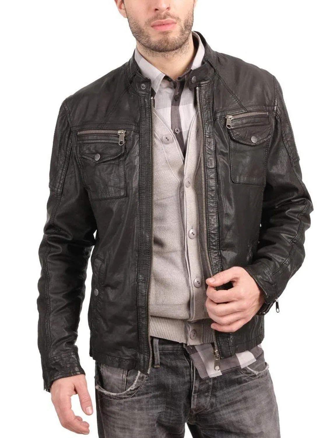 Leather Jackets Hub Mens Genuine Cowhide Leather Jacket (Black, Officer Jacket) - 1501608