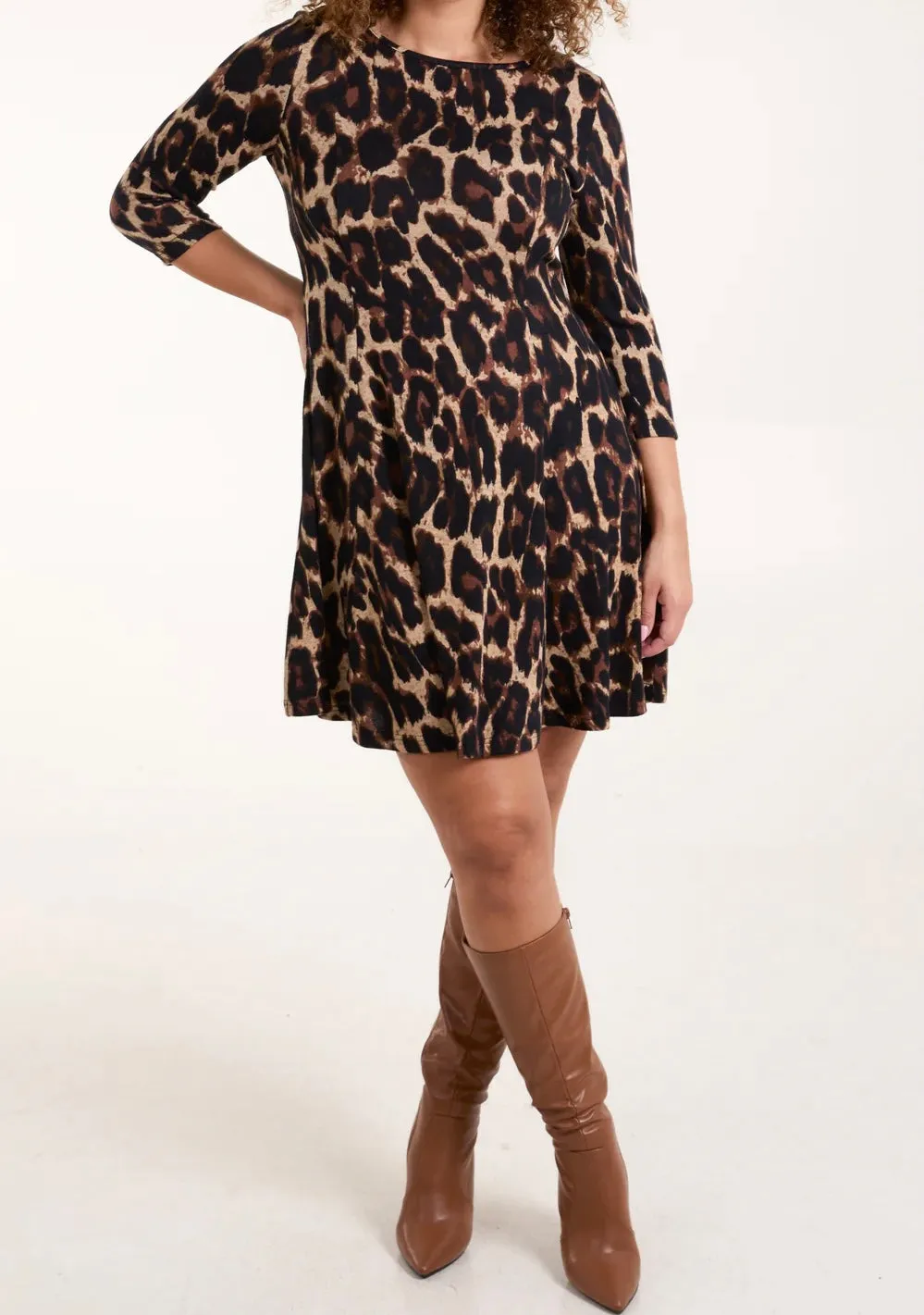 Leopard Print Fine Knit Stretchy Fit And Flare Style Midi Dress