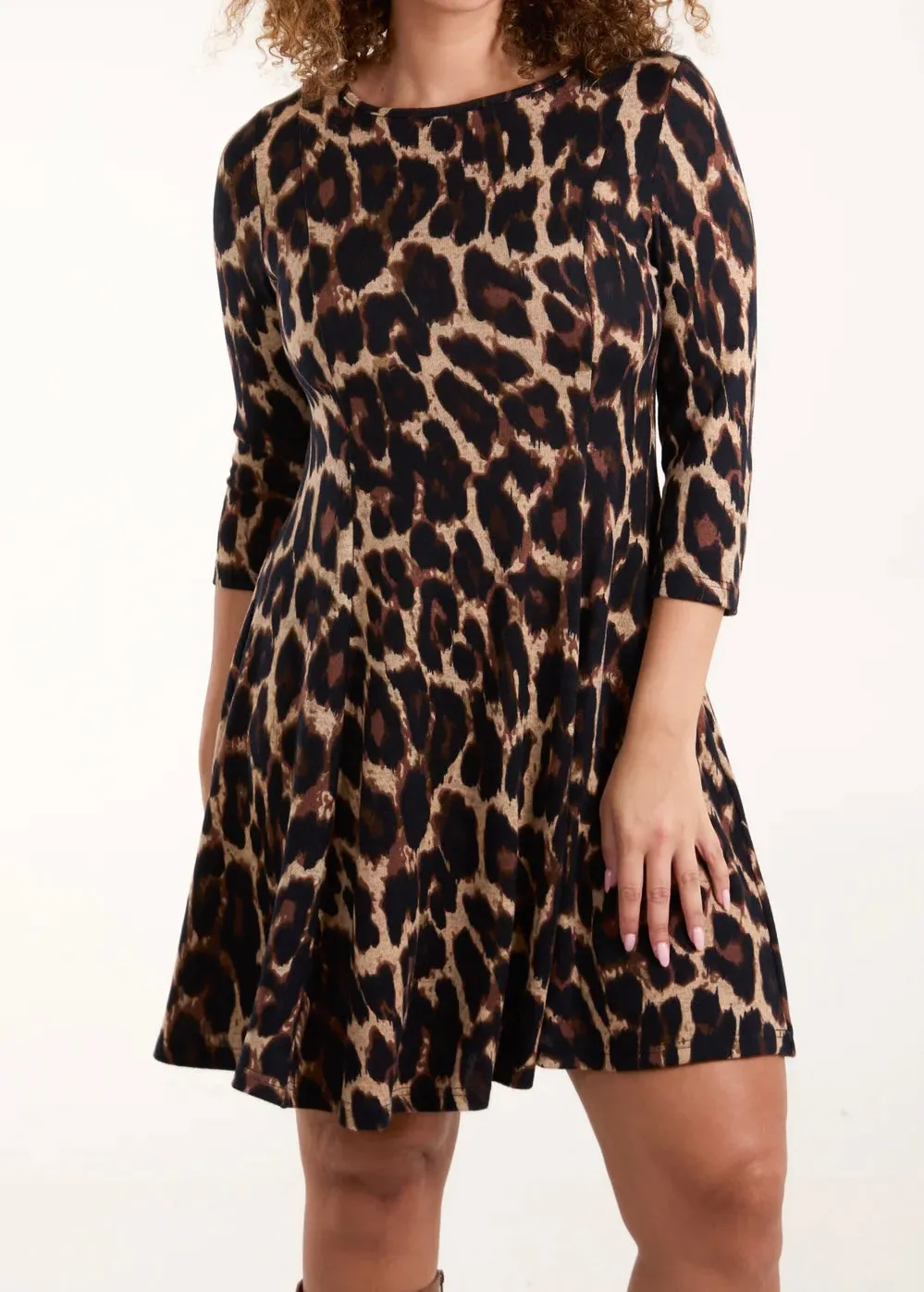 Leopard Print Fine Knit Stretchy Fit And Flare Style Midi Dress