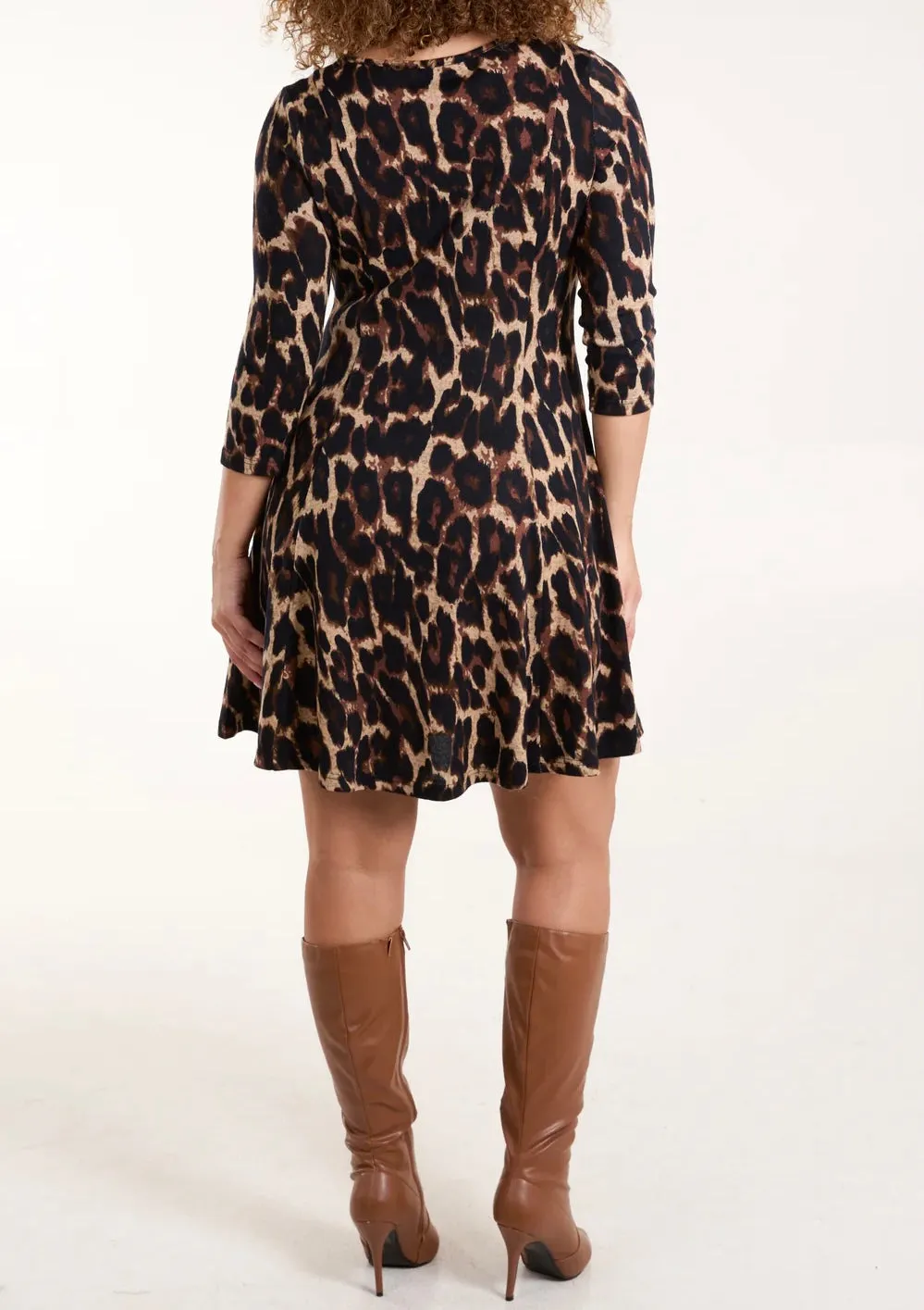 Leopard Print Fine Knit Stretchy Fit And Flare Style Midi Dress