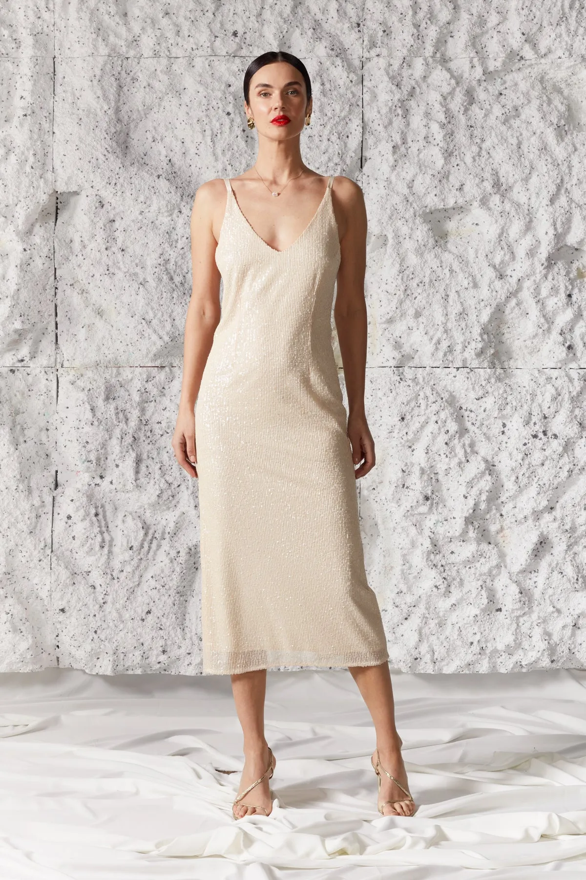 LISA cream sequin midi wedding slip dress