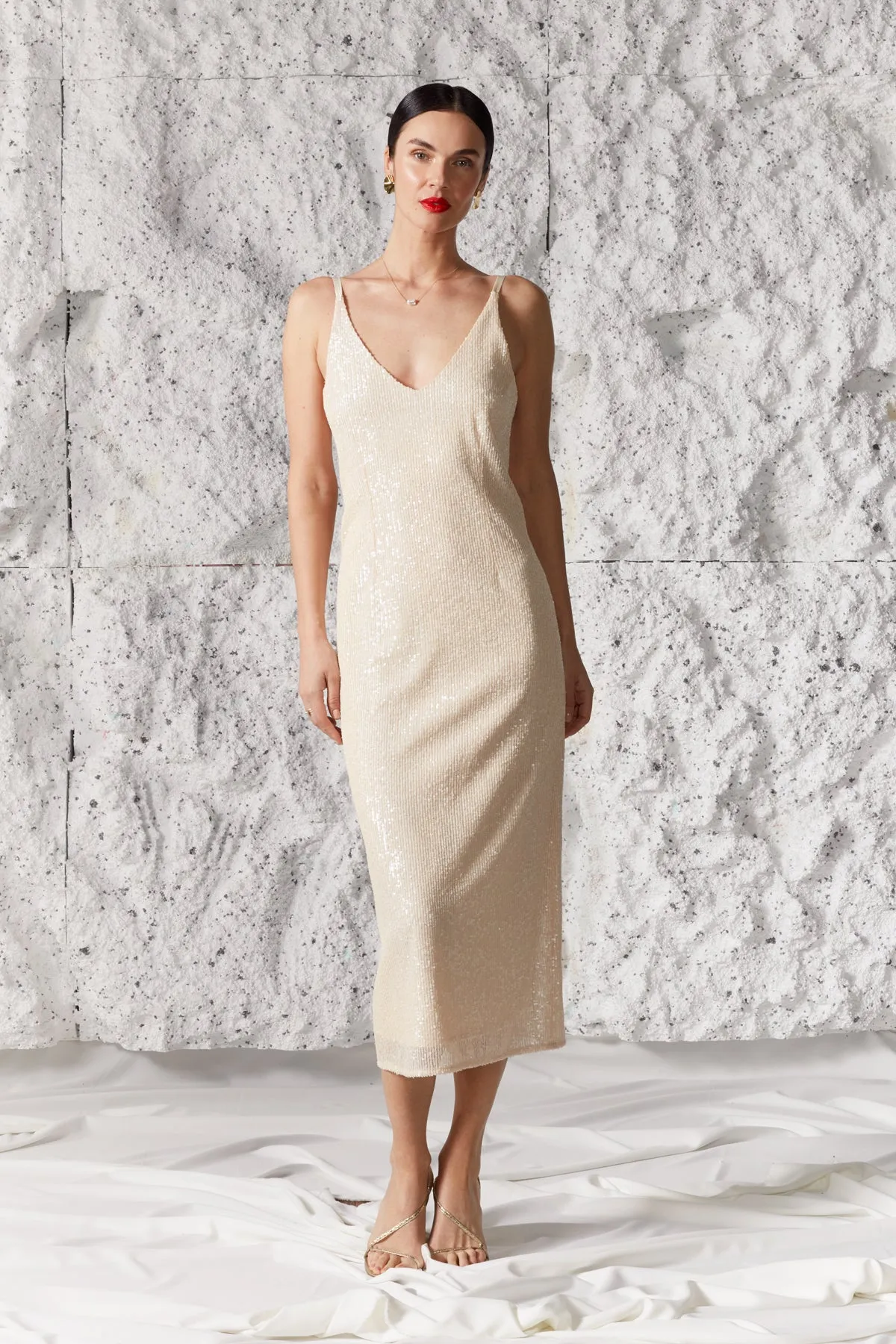 LISA cream sequin midi wedding slip dress