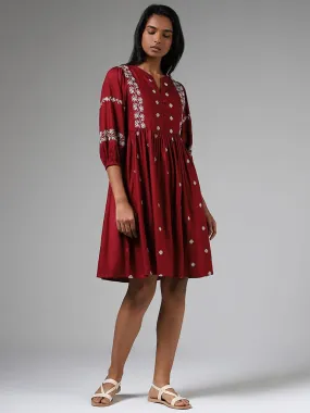 LOV Burgundy Embroidered Gathered Dress