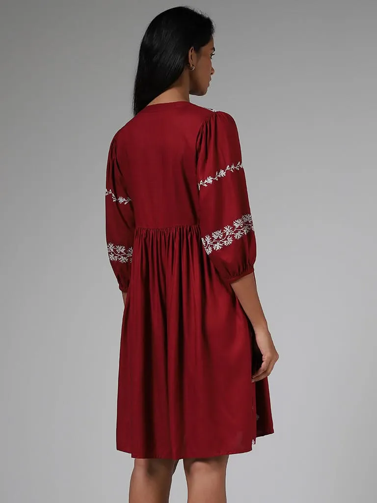 LOV Burgundy Embroidered Gathered Dress