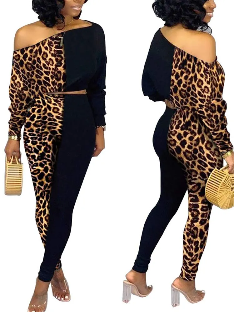 Matilda Color Block Leopard Print Crop Top Bodycon Pants Tracksuit