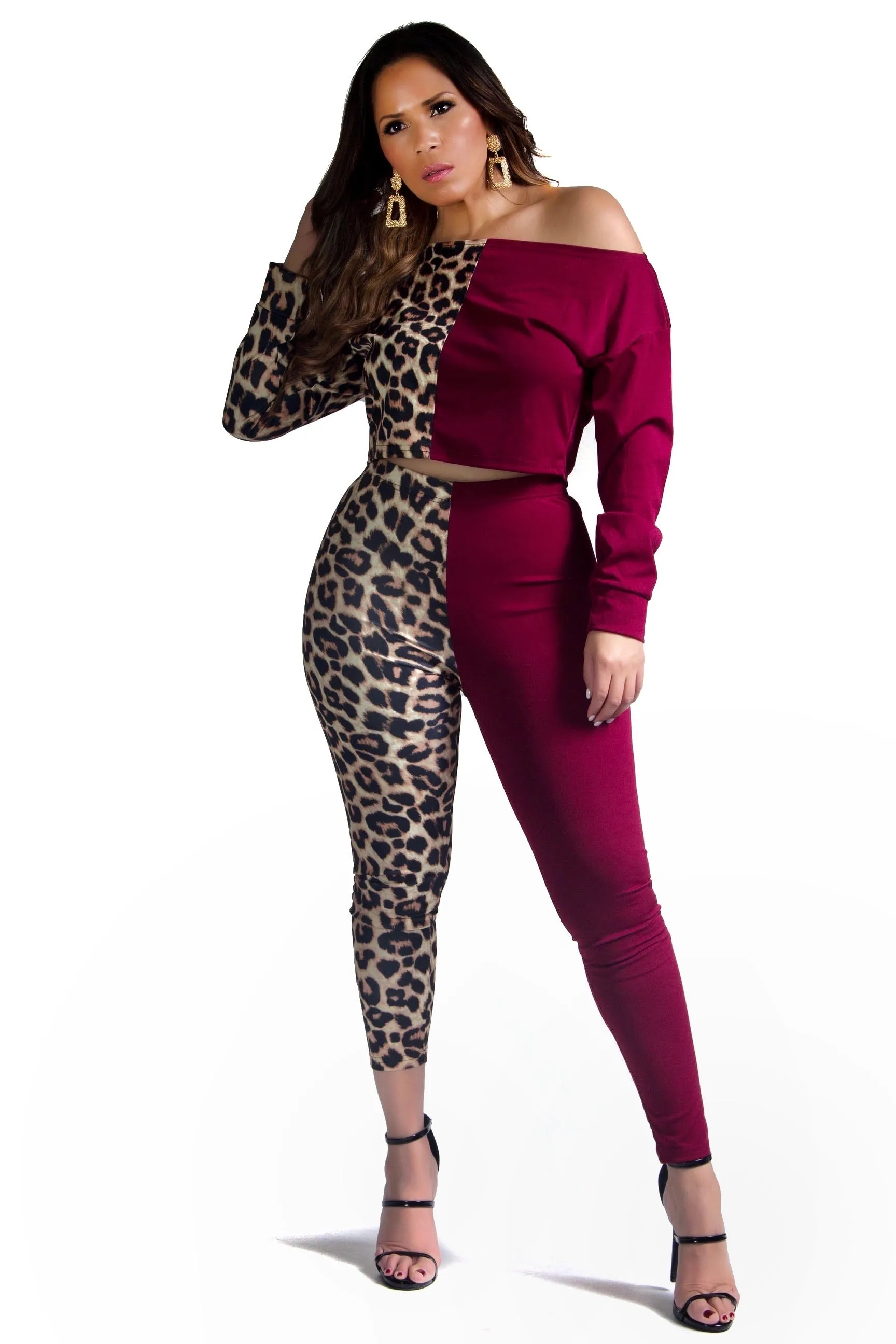 Matilda Color Block Leopard Print Crop Top Bodycon Pants Tracksuit