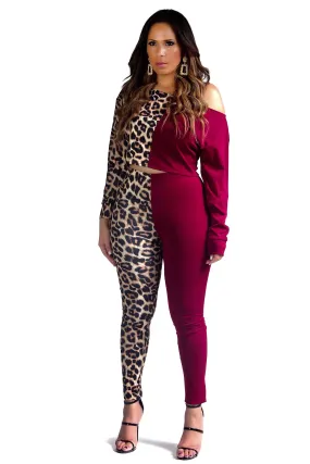 Matilda Color Block Leopard Print Crop Top Bodycon Pants Tracksuit