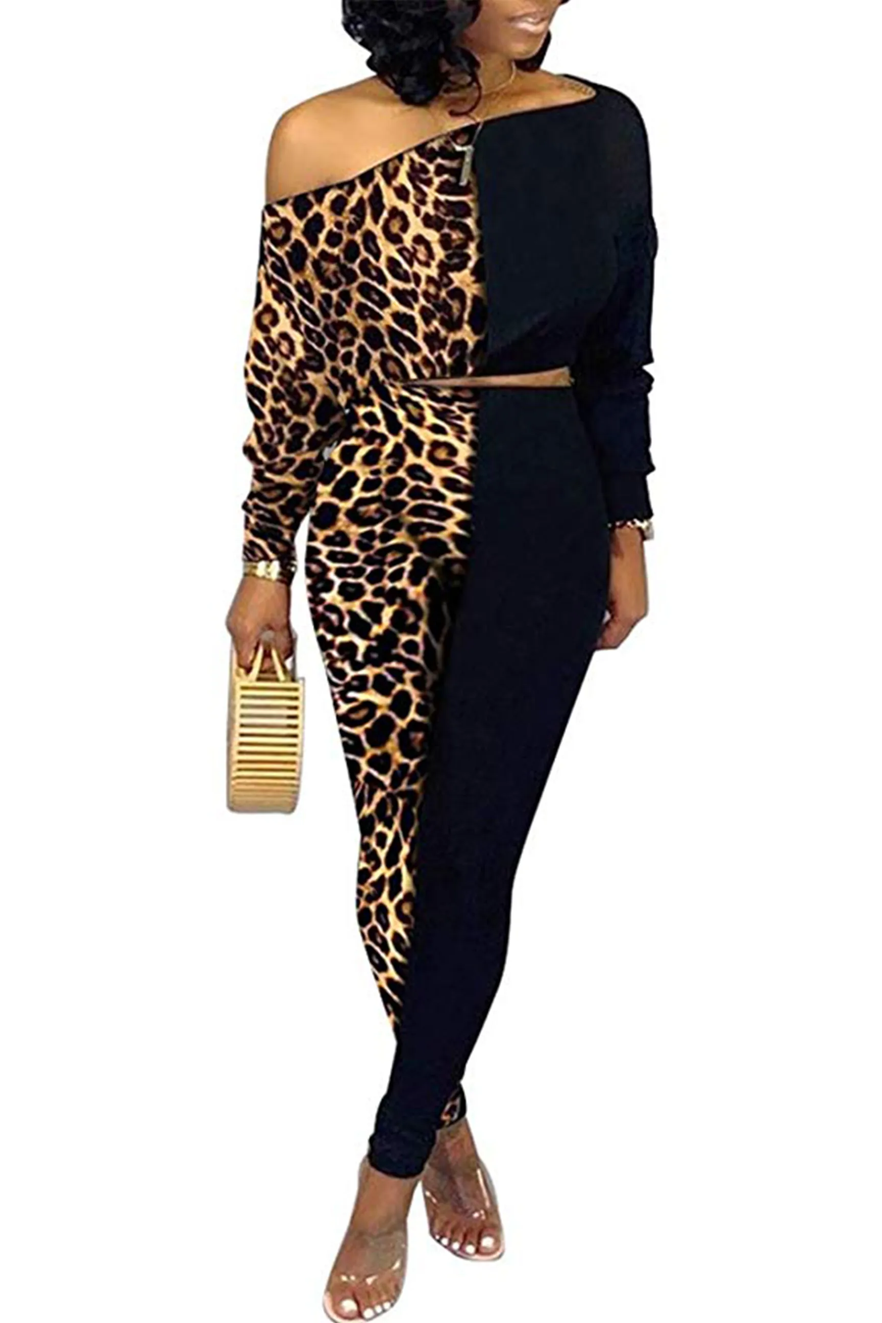 Matilda Color Block Leopard Print Crop Top Bodycon Pants Tracksuit