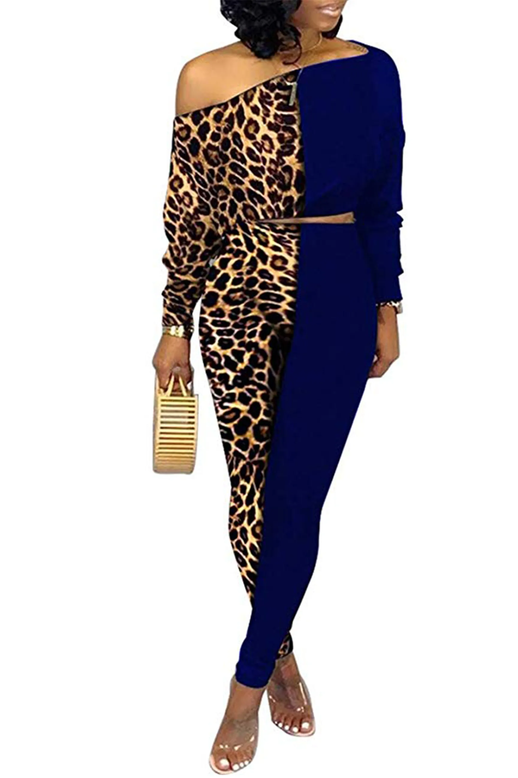 Matilda Color Block Leopard Print Crop Top Bodycon Pants Tracksuit