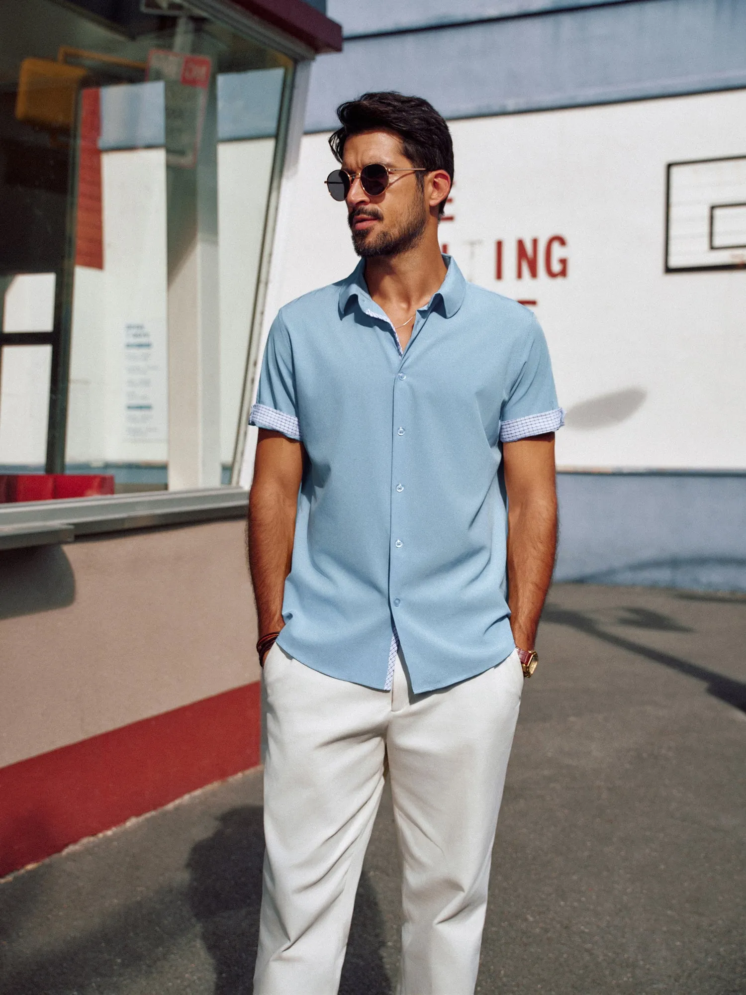 Men Curved Hem Shirt Casual Short Sleeve Classic Collar Button-up Tops