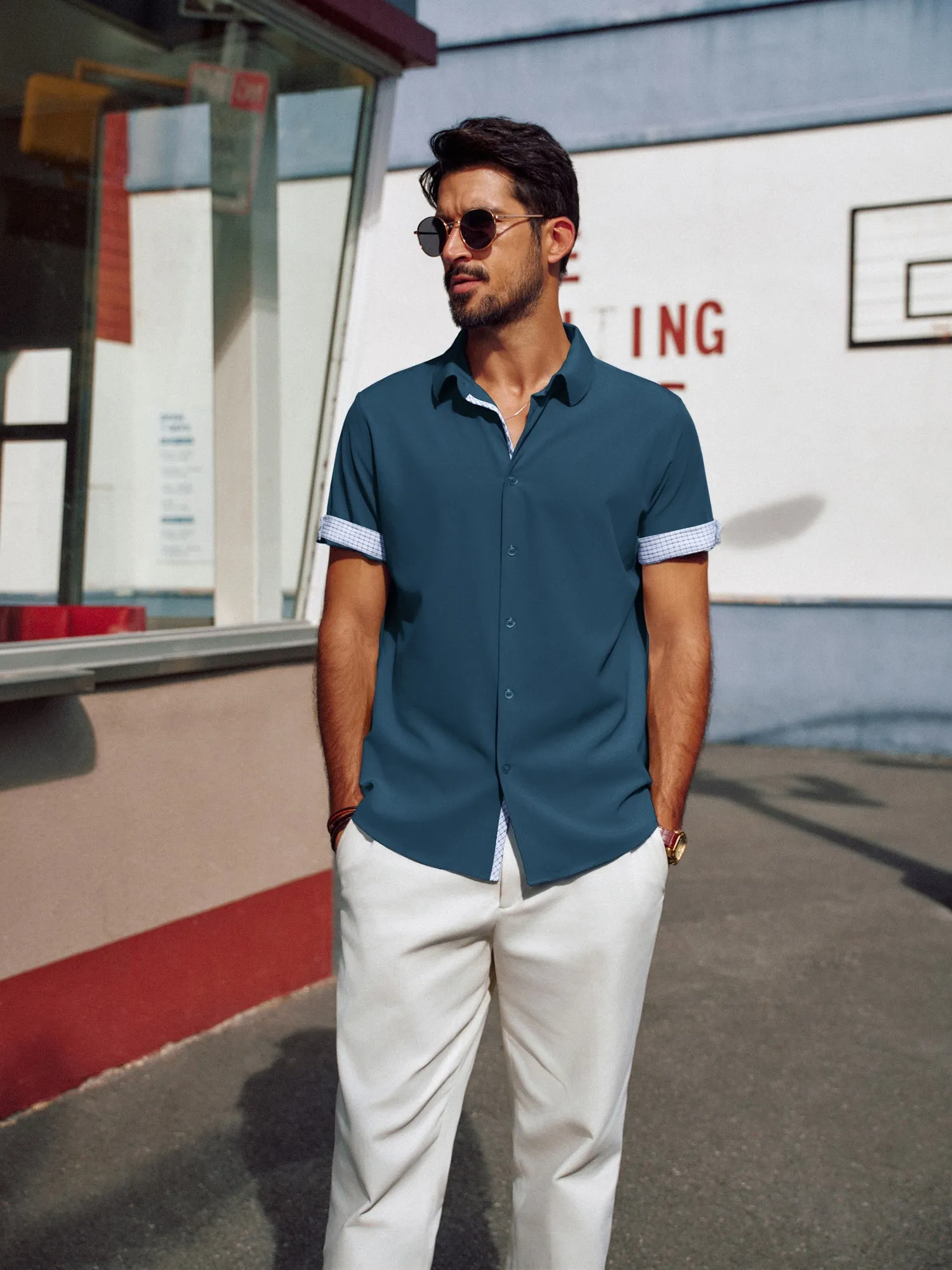 Men Curved Hem Shirt Casual Short Sleeve Classic Collar Button-up Tops