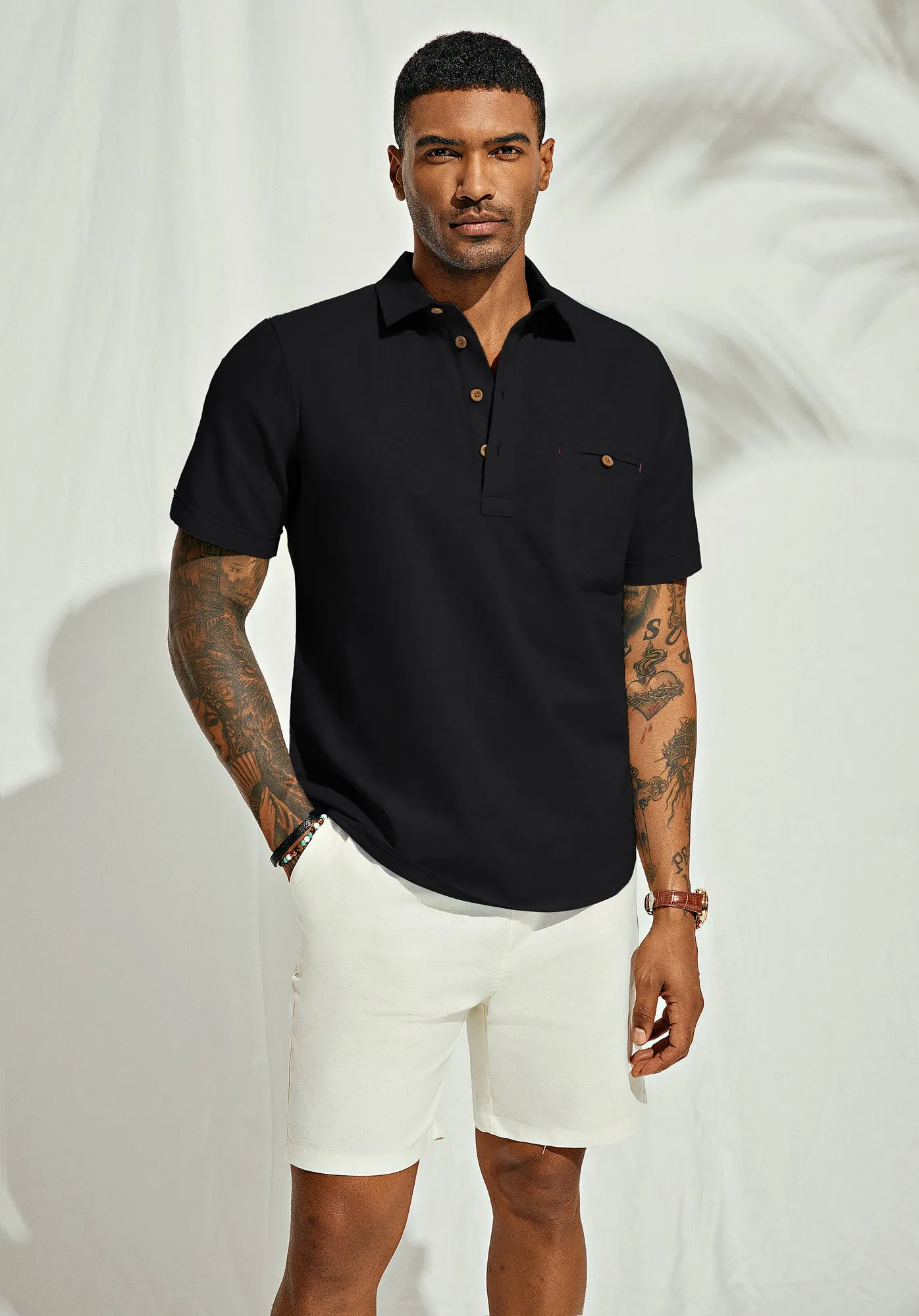 Men Pullover Shirt Casual Short Sleeve Lapel Collar Button-up Neck Tops