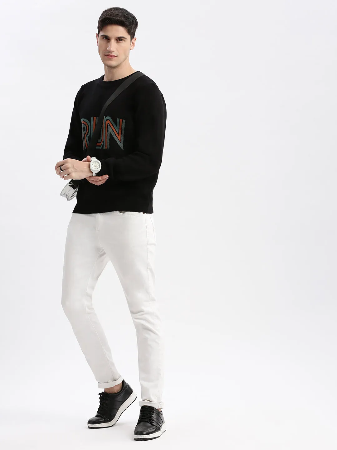 Men Round Neck Typography Black Pullover