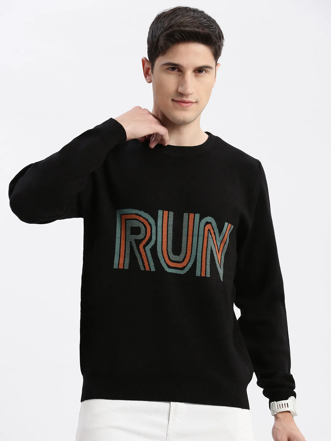 Men Round Neck Typography Black Pullover