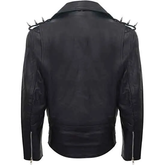 Mens Black Leather Motorcycle Jacket with Spkies Lapels