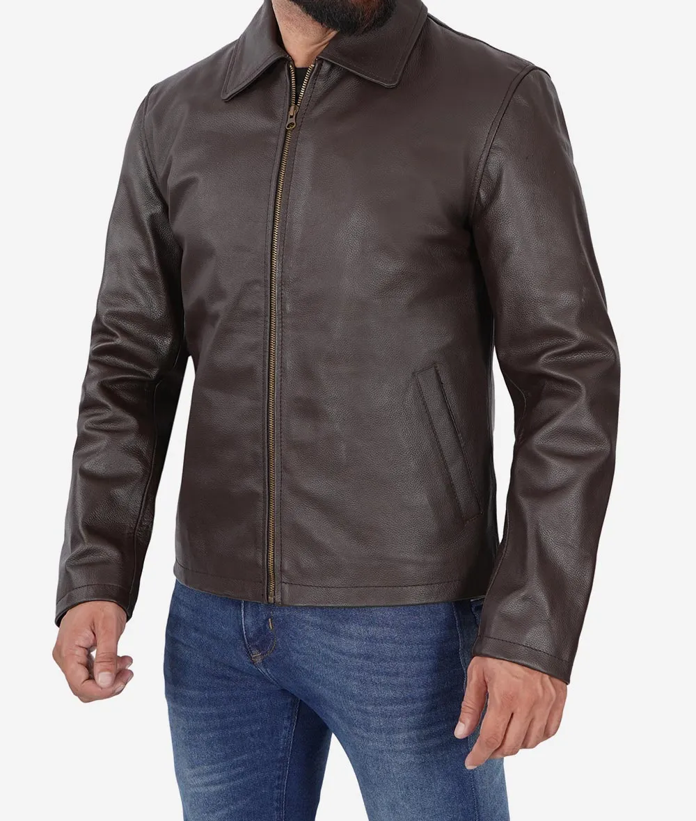 Mens Dark Brown Shirt Collar Cowhide Leather Jacket