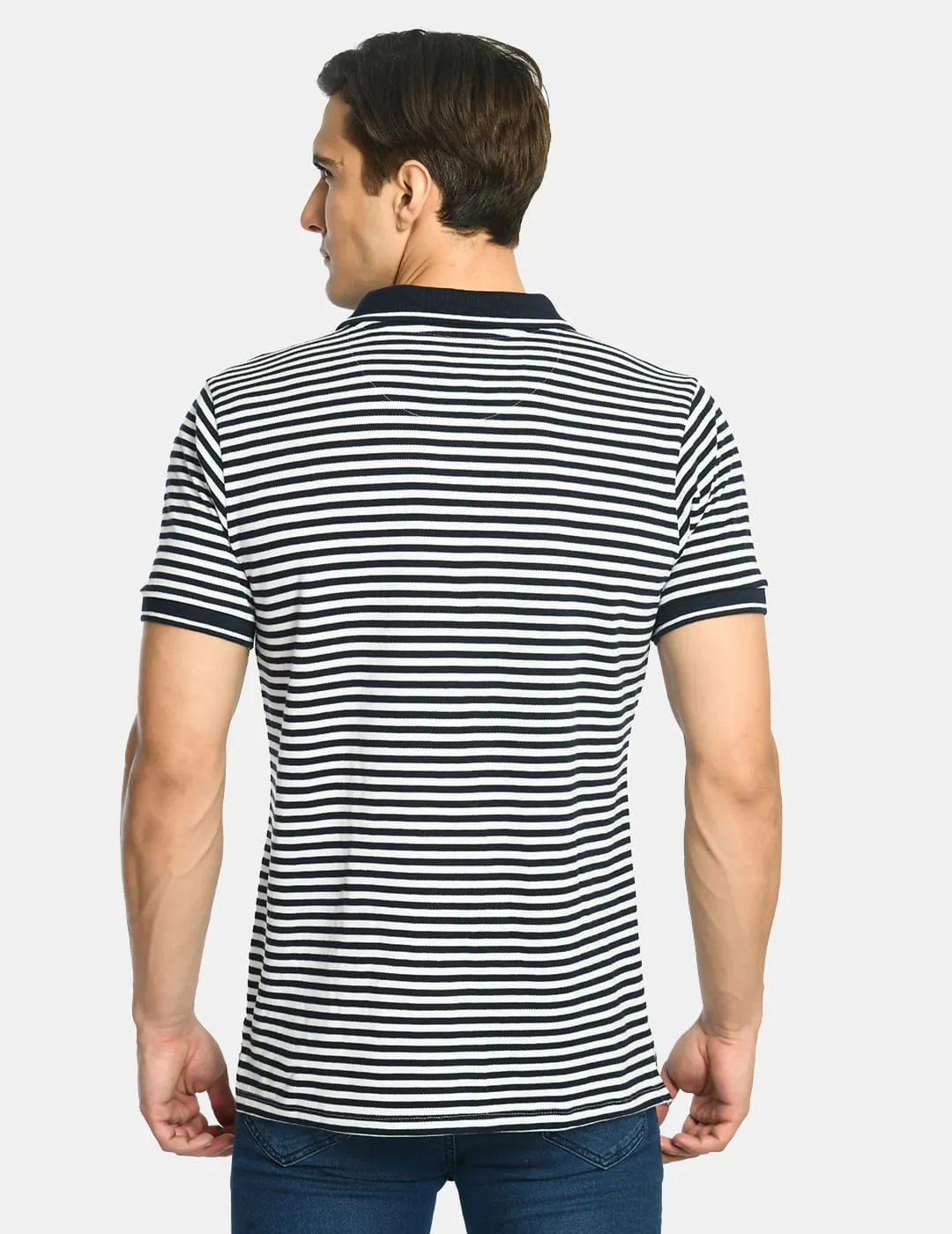 Men's Navy Striped Regular Fit Polo T-Shirt