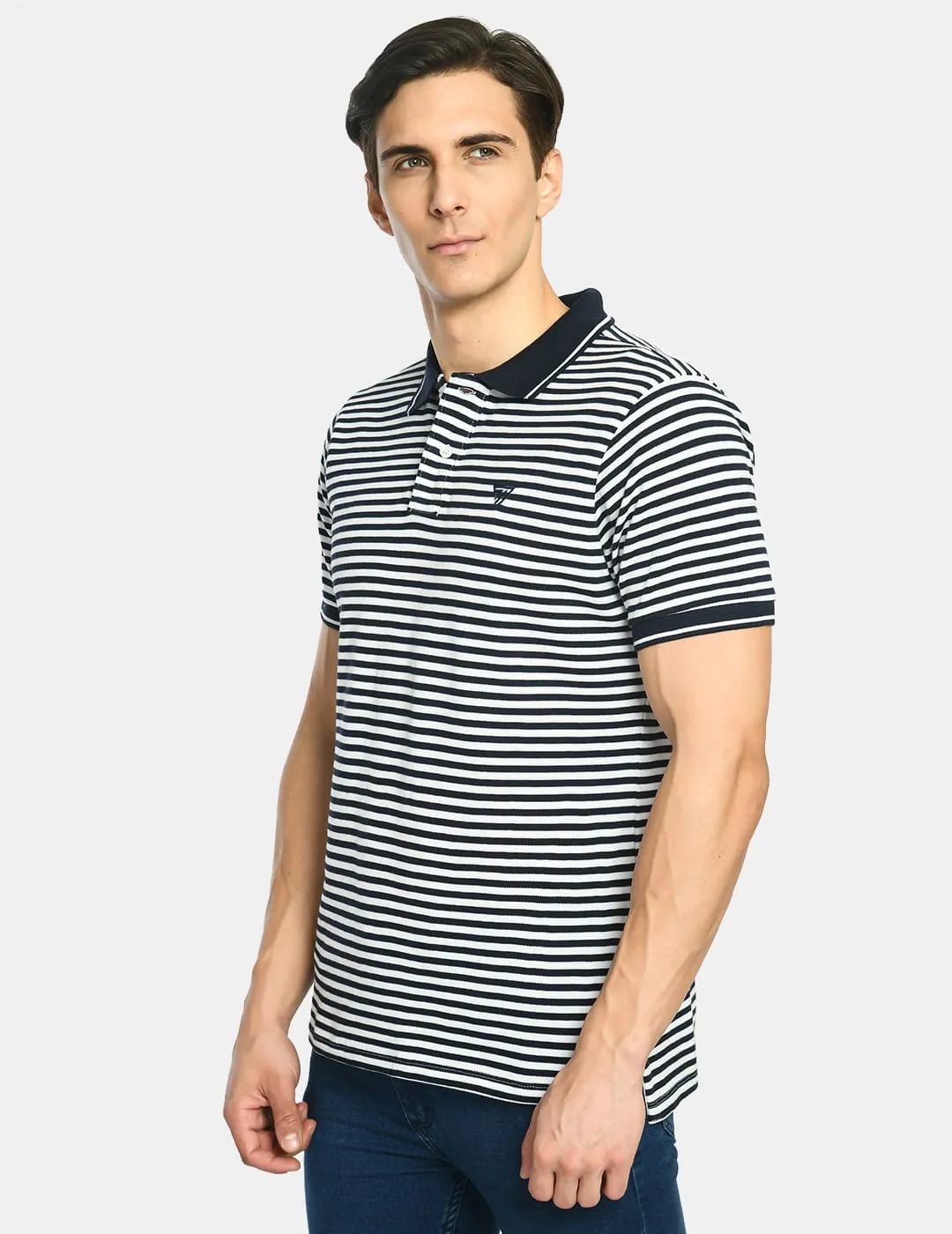 Men's Navy Striped Regular Fit Polo T-Shirt