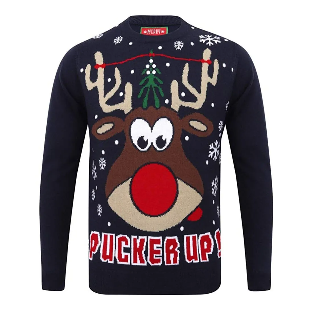 Mens Novelty Christmas Jumper Pucker Up Mistletoe Reindeer