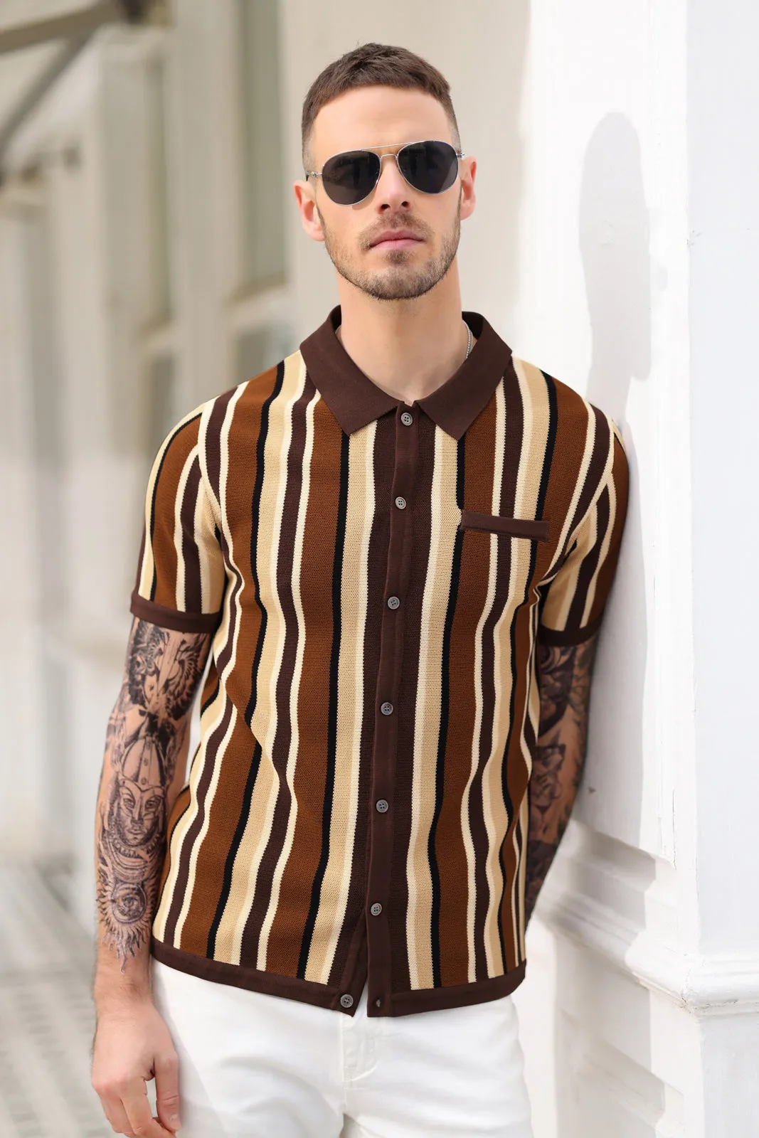 Men’s Short Sleeve Knit Shirt Vintage Stripe Lapel Collar Polo Cardigans Shirts