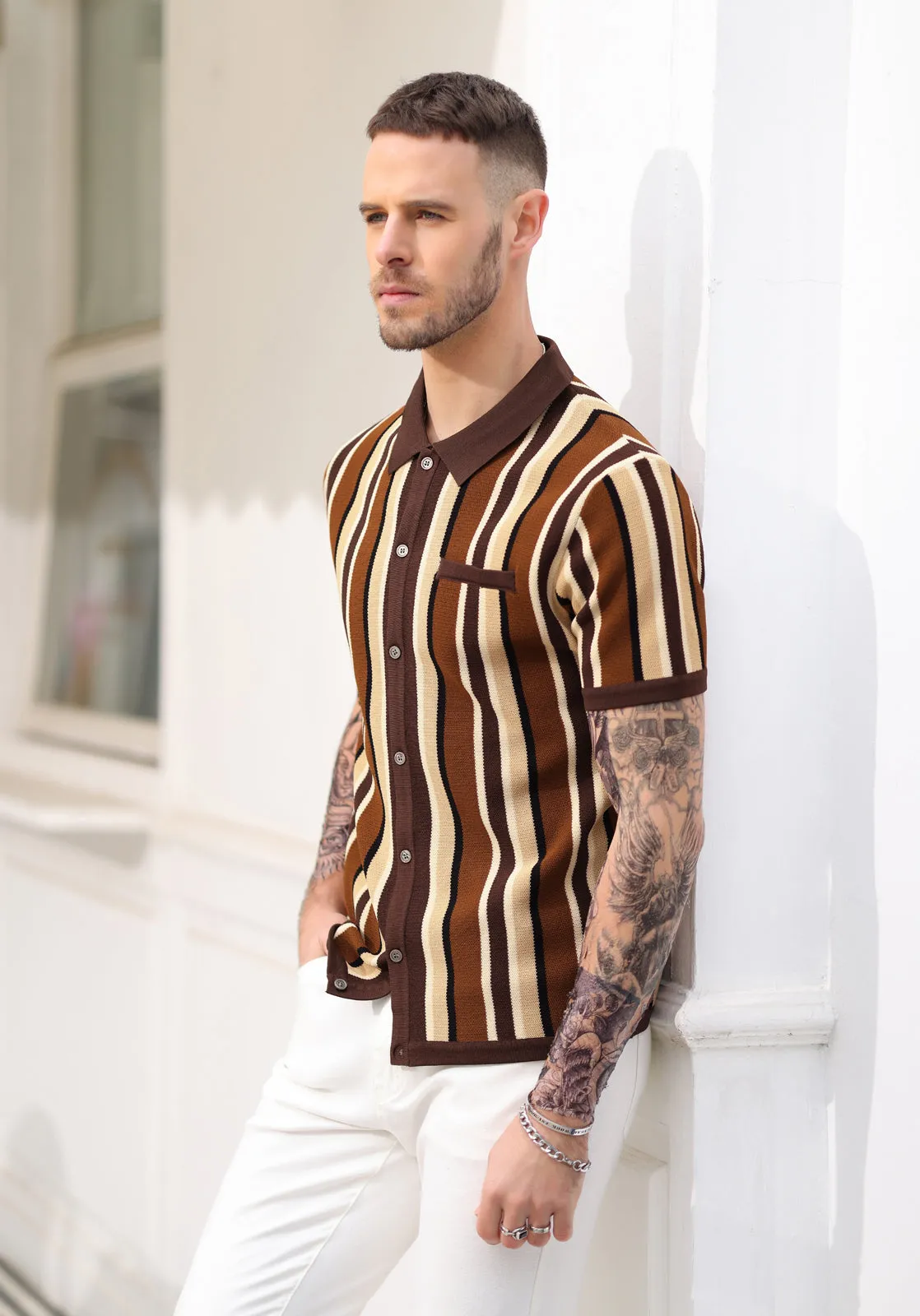 Men’s Short Sleeve Knit Shirt Vintage Stripe Lapel Collar Polo Cardigans Shirts