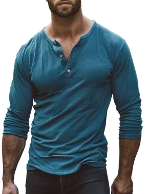 Men's Solid Color Henley Collar Button Casual Long Sleeve T-Shirt