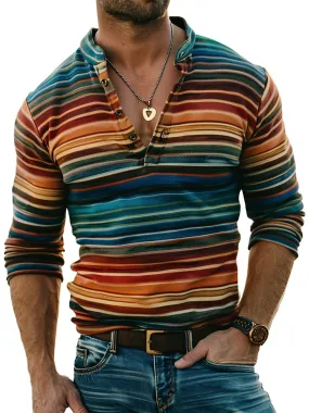 Men's Vintage Rainbow Stripe Print Long Sleeve Henley T-Shirt