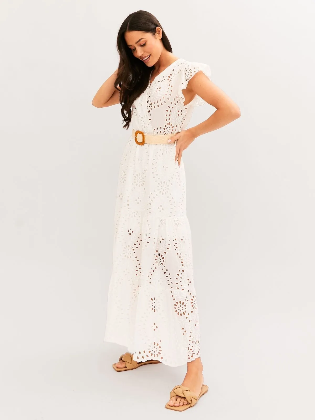 Mikaela Belted Broderie Midi Dress in White