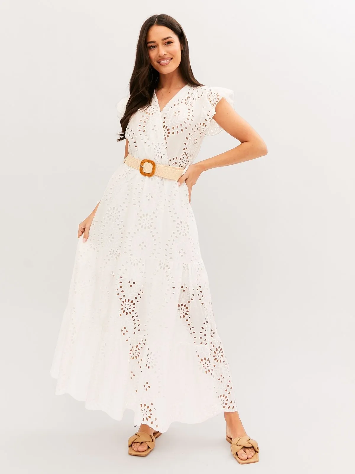 Mikaela Belted Broderie Midi Dress in White