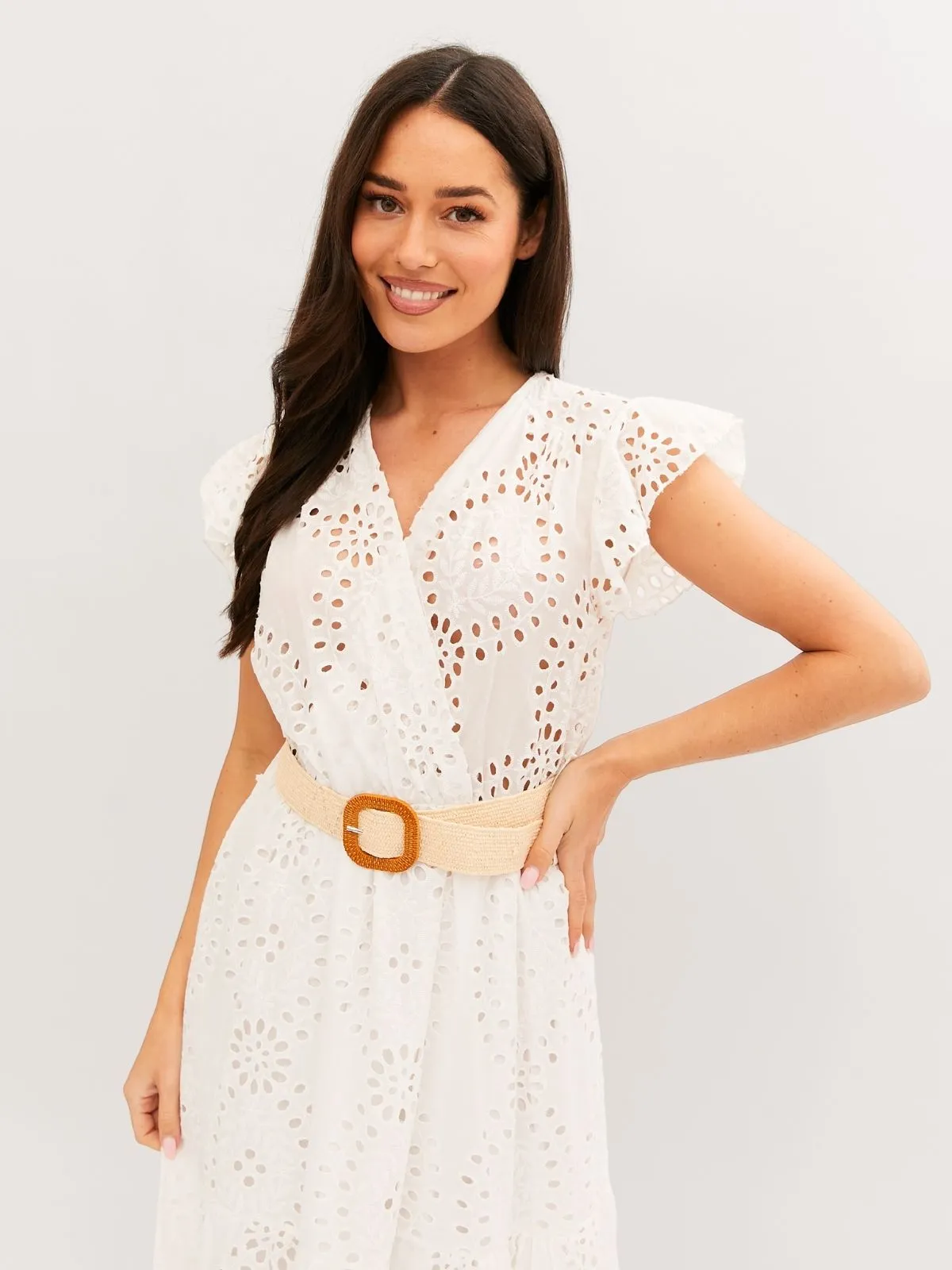 Mikaela Belted Broderie Midi Dress in White