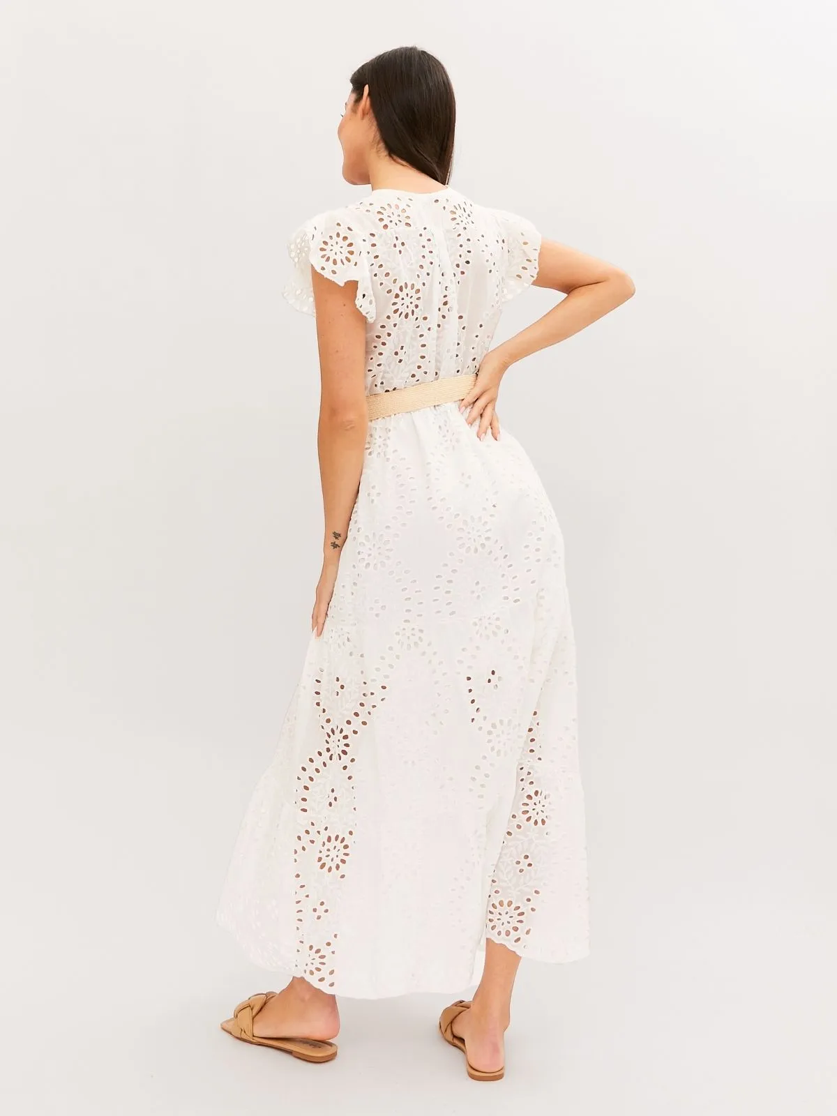 Mikaela Belted Broderie Midi Dress in White