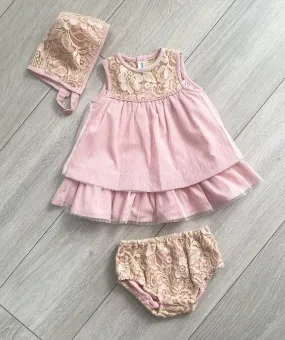 Miranda Baby Girls Pink Lace Dress, Pants & Bonnet