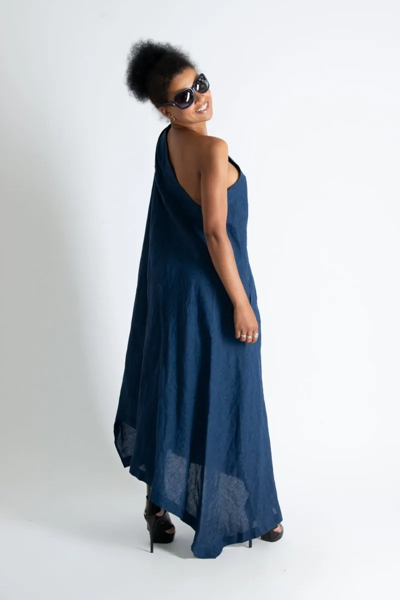 Navy Blue Linen One Shoulder Dress TIFFANY