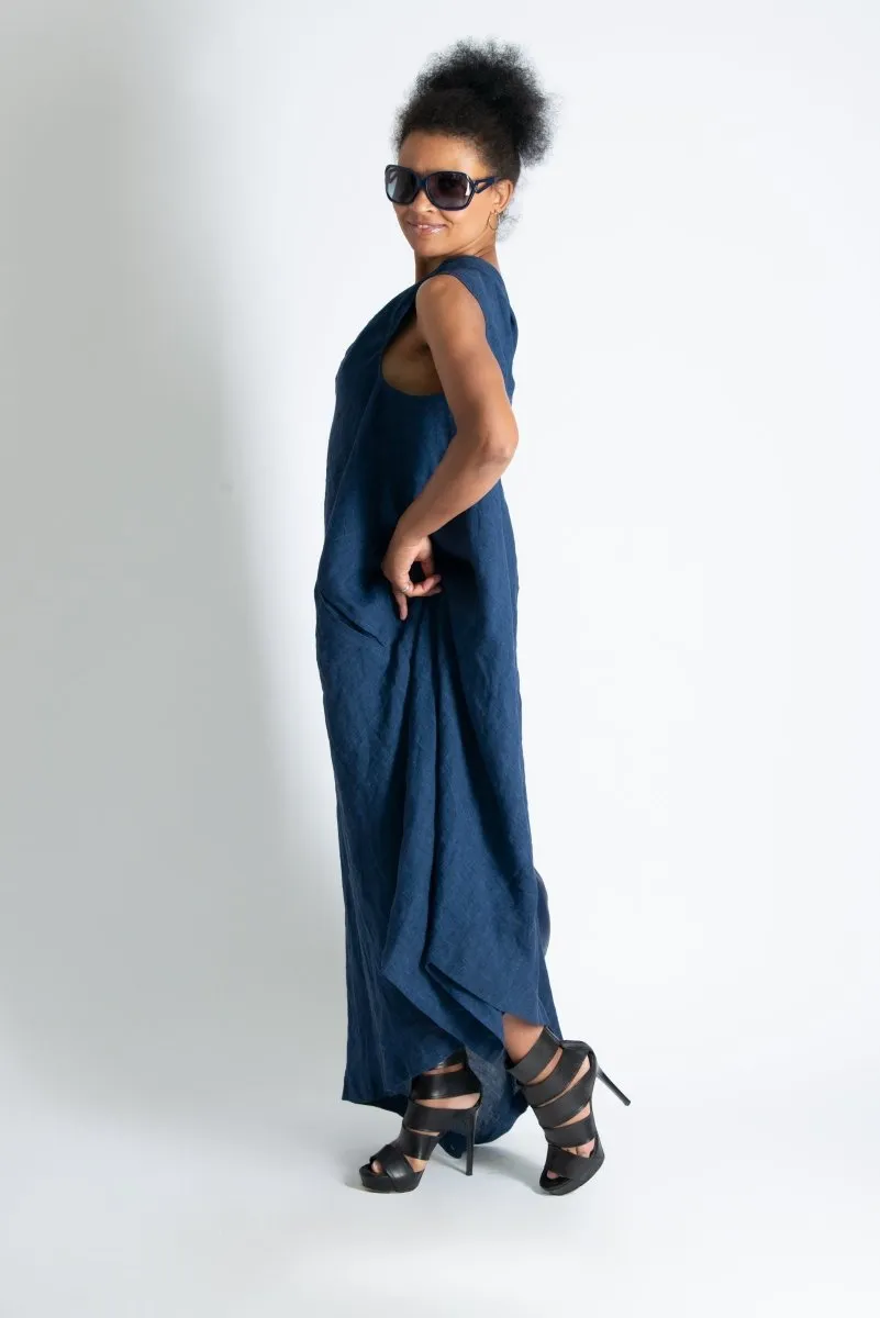 Navy Blue Linen One Shoulder Dress TIFFANY