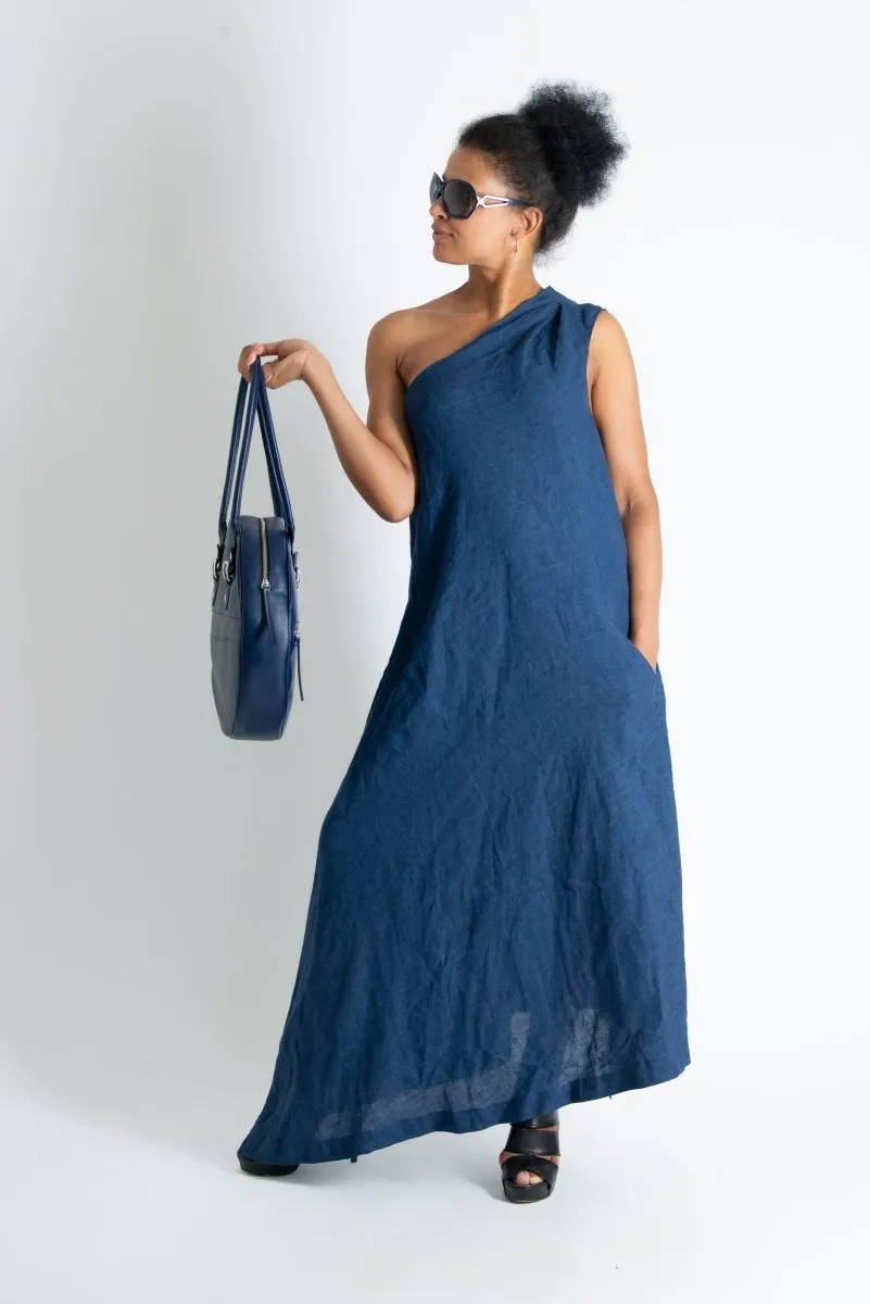 Navy Blue Linen One Shoulder Dress TIFFANY