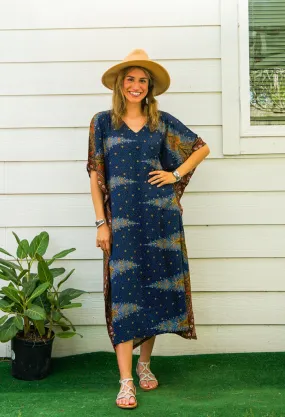 Navy Blue Peacock Feather Kimono Kaftan Dress