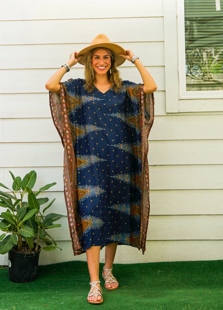 Navy Blue Peacock Feather Kimono Kaftan Dress