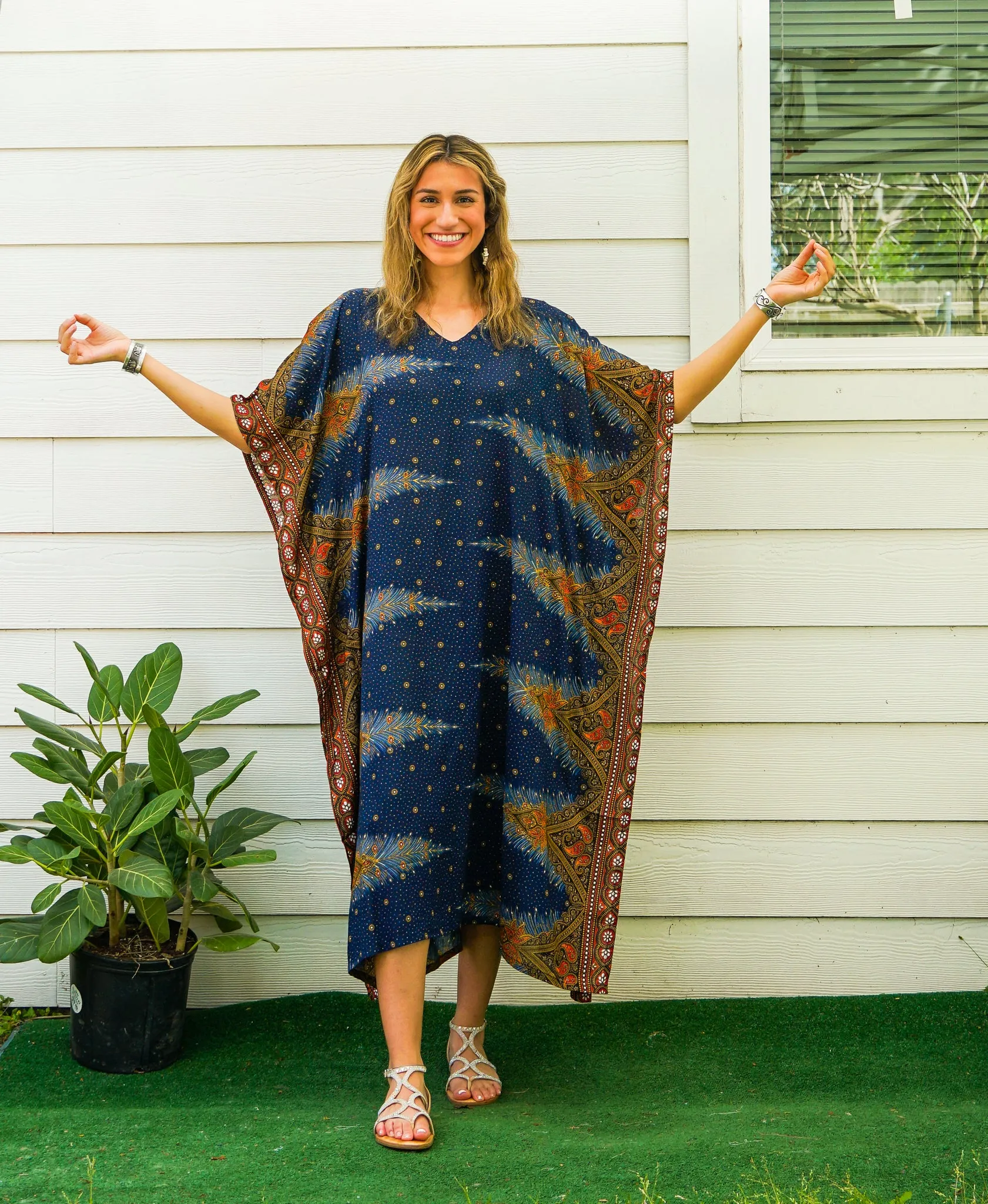 Navy Blue Peacock Feather Kimono Kaftan Dress