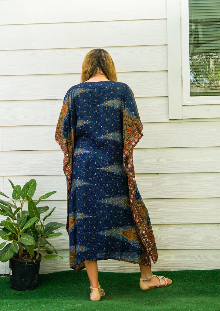 Navy Blue Peacock Feather Kimono Kaftan Dress