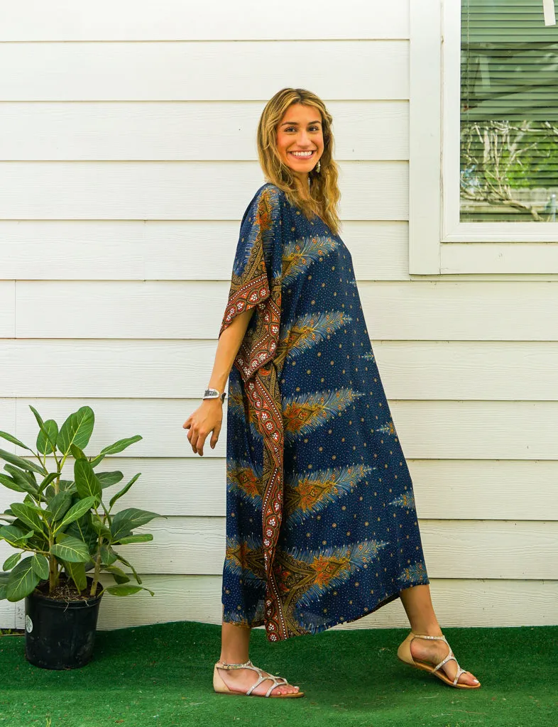 Navy Blue Peacock Feather Kimono Kaftan Dress