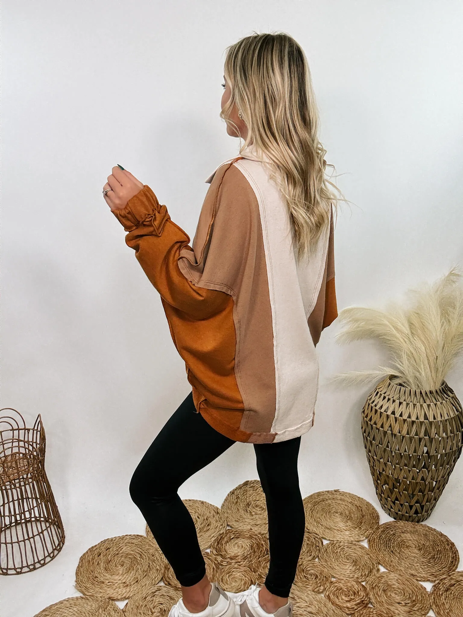 Neutral Brown Colorblock Oversized Pullover