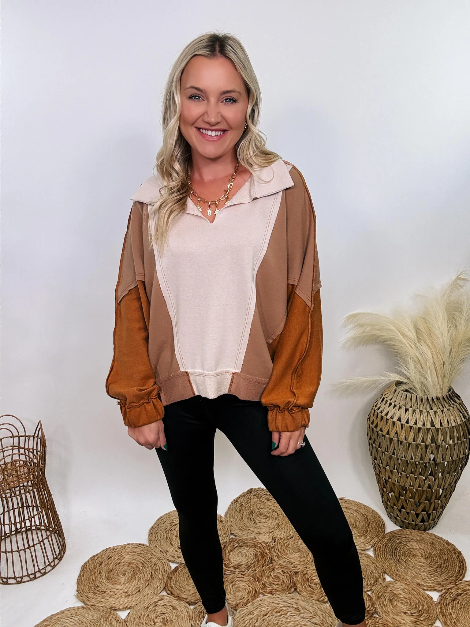 Neutral Brown Colorblock Oversized Pullover