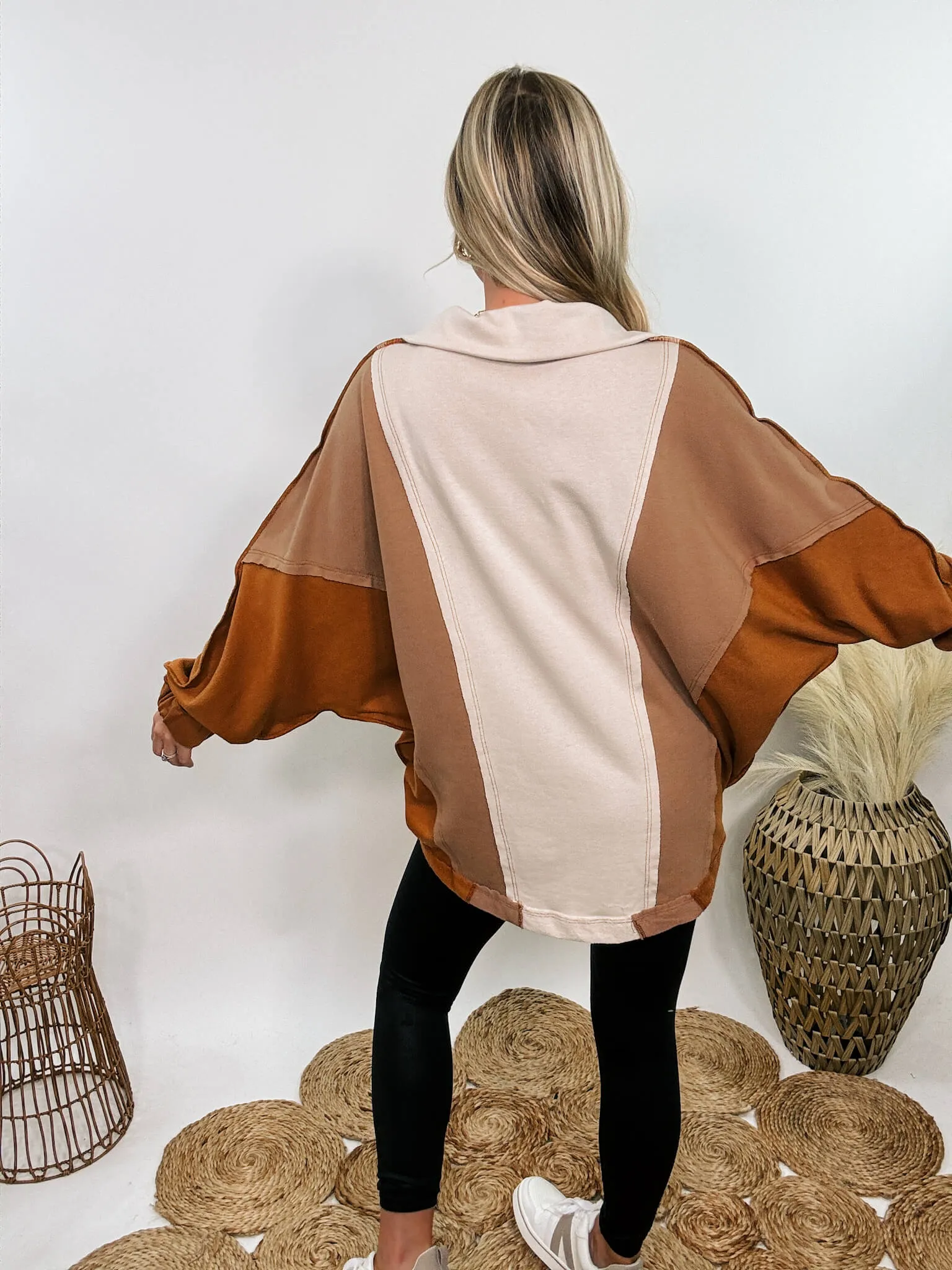 Neutral Brown Colorblock Oversized Pullover