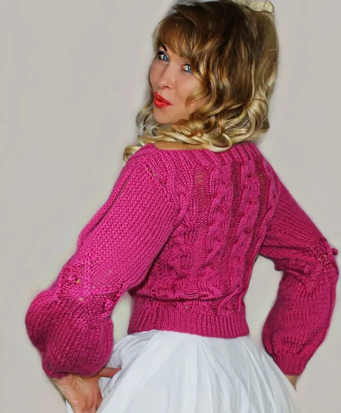 Pink Designer Handmade Loose Knit Wool Sweater with cables and slits on sleeves