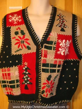 Plaid Patchwork Themed Tacky Cheesy Holiday Sweater Vest with Poinsettias Snowflakes and Trees (f1156)