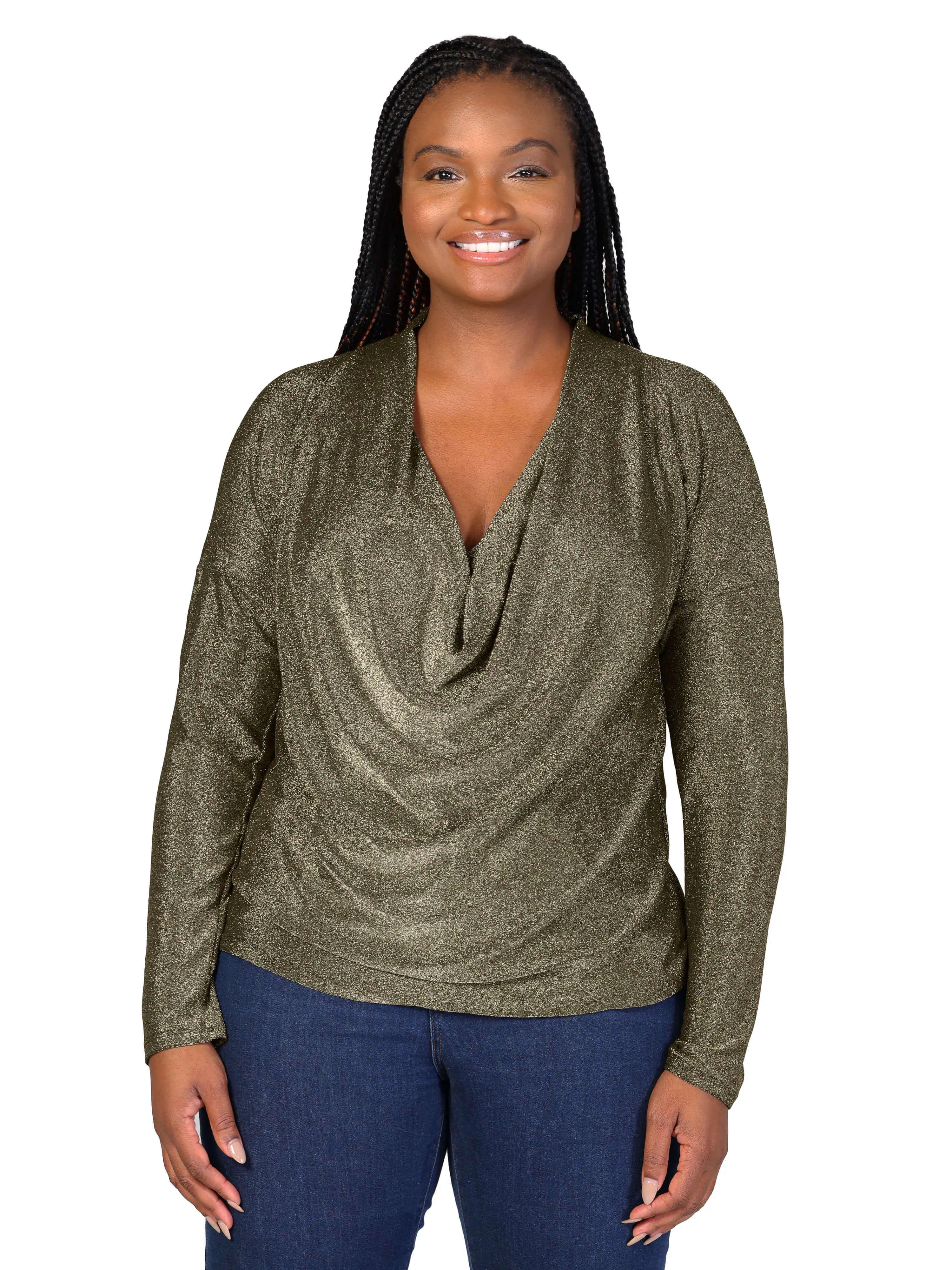 Plus Size Cowl Neck Long Sleeve Shimmery Fabric Top