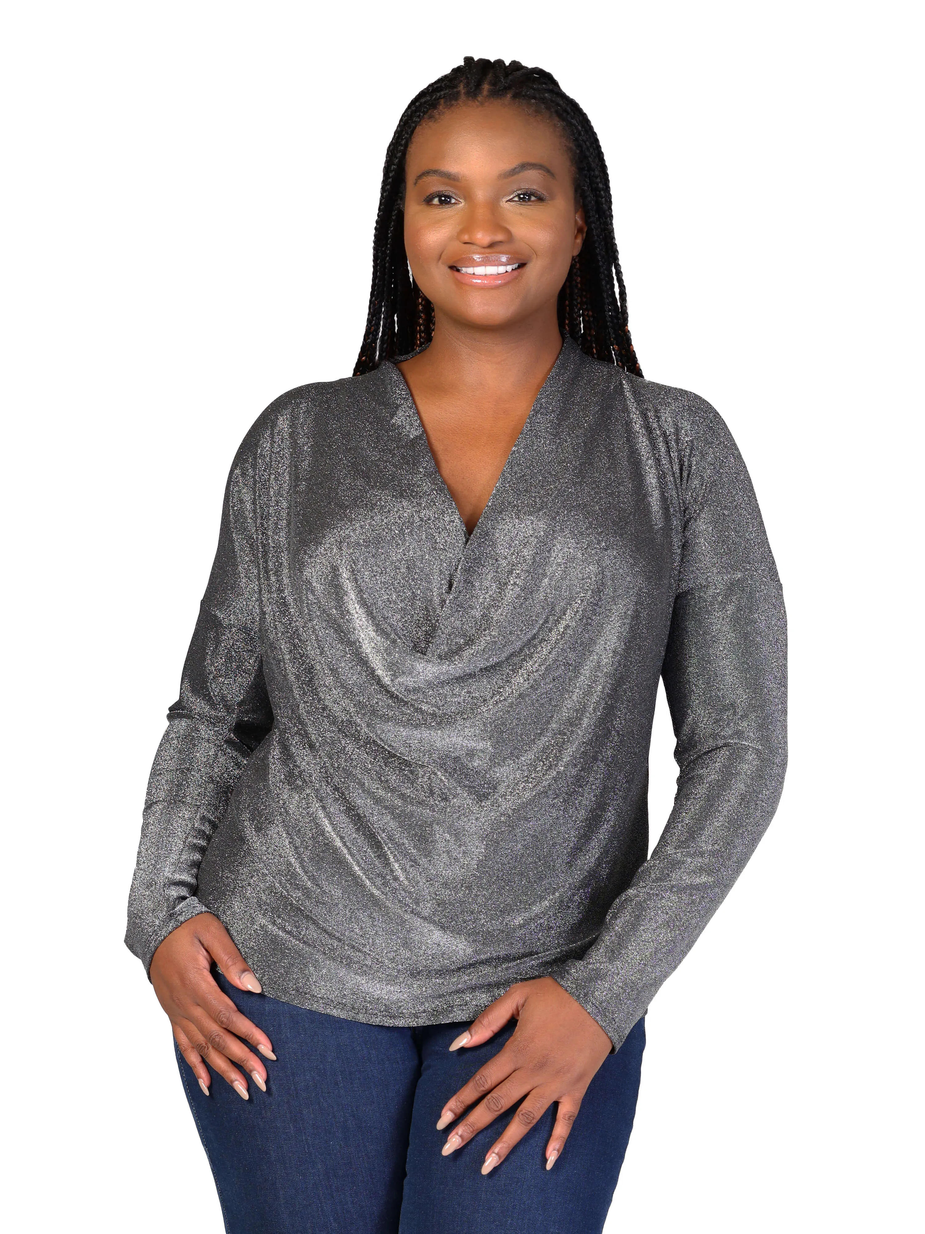 Plus Size Cowl Neck Long Sleeve Shimmery Fabric Top