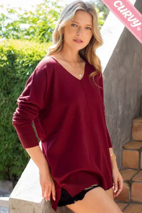 PLUS SIZE  COZY KNIT SWEATER HAS V NECKLINE: BURGUNDY / Plus Size / 1XL/2XL