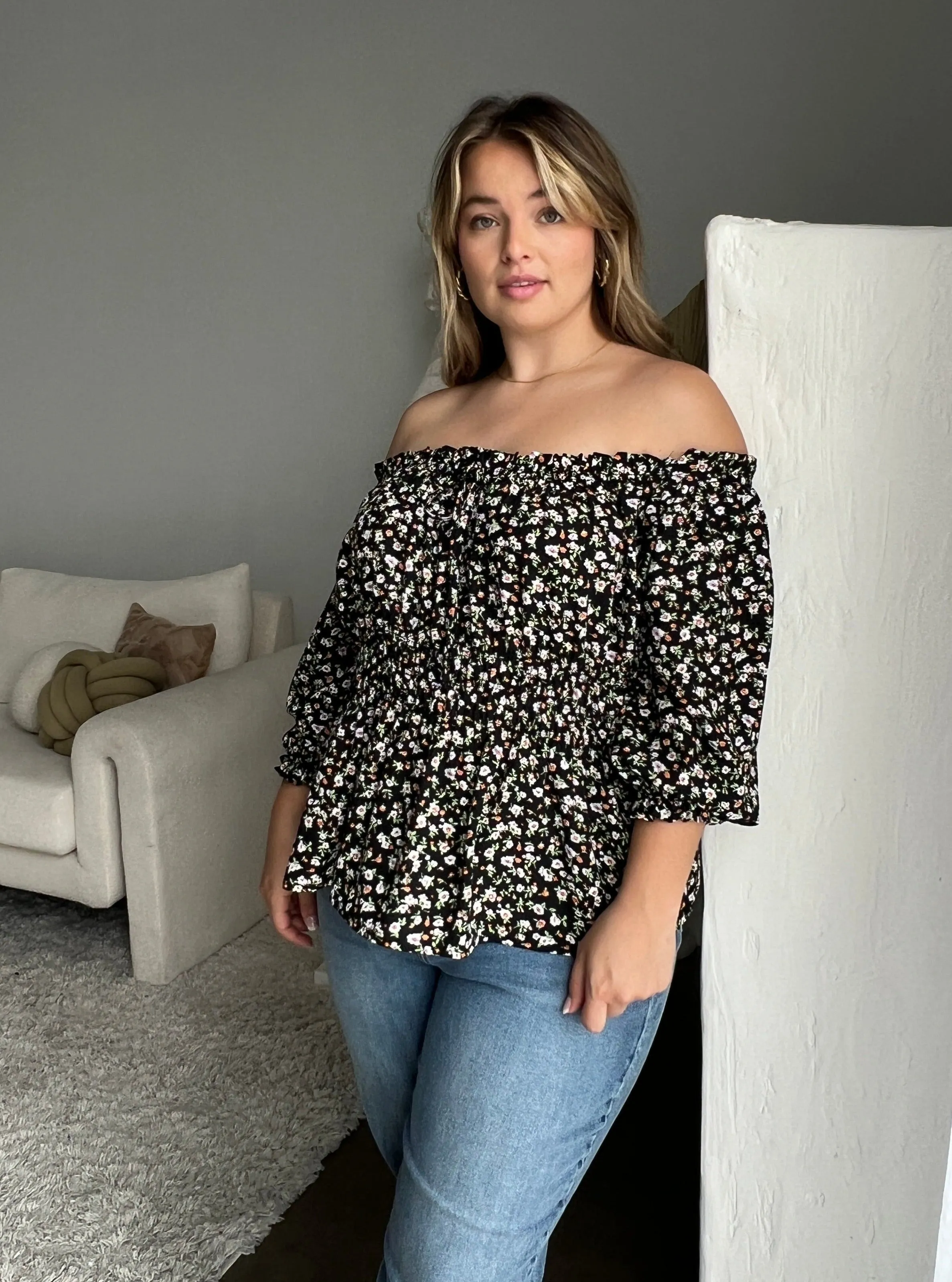 Plus Size Elasticized Floral Blouse