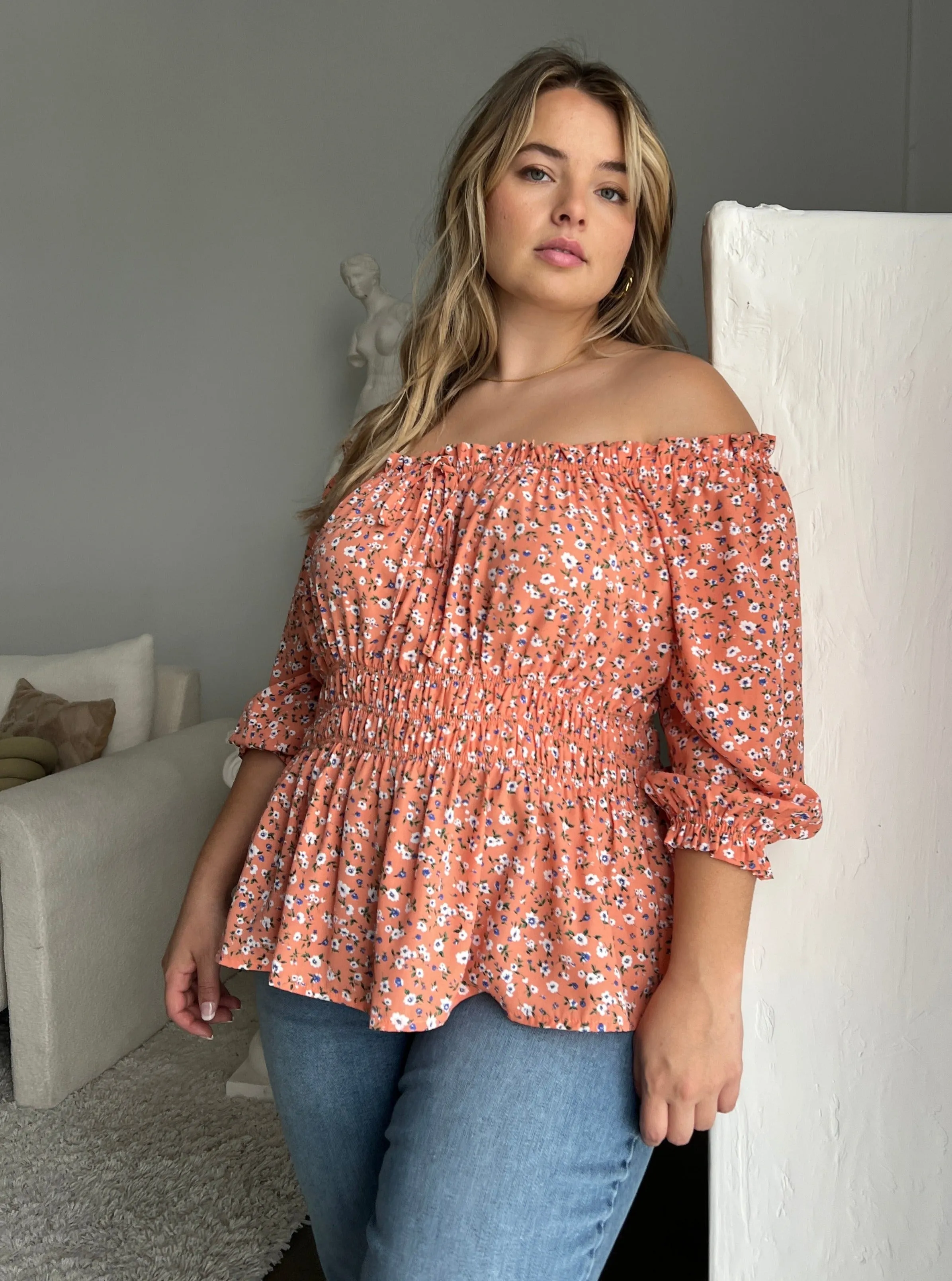 Plus Size Elasticized Floral Blouse